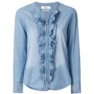 Isabel Marant Etoile Liz Zip-Front Long-Sleeve Denim Ruffled Trim Blouse XL